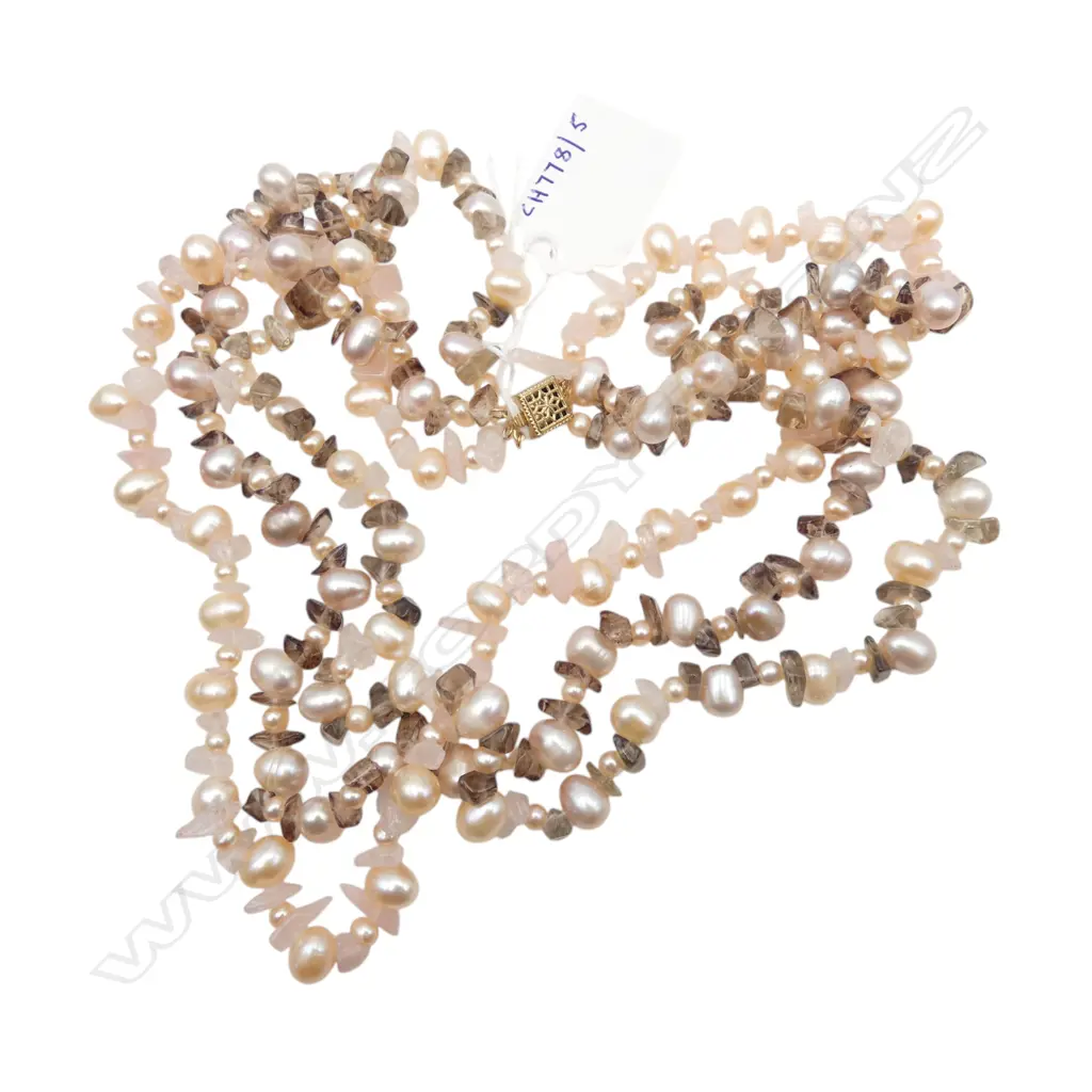 TRIPLE STRAND ROSE QUARTZ & PEARL NECKLACE L240MM Image 1++