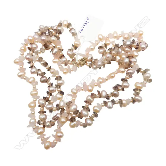 TRIPLE STRAND ROSE QUARTZ & PEARL NECKLACE L240MM