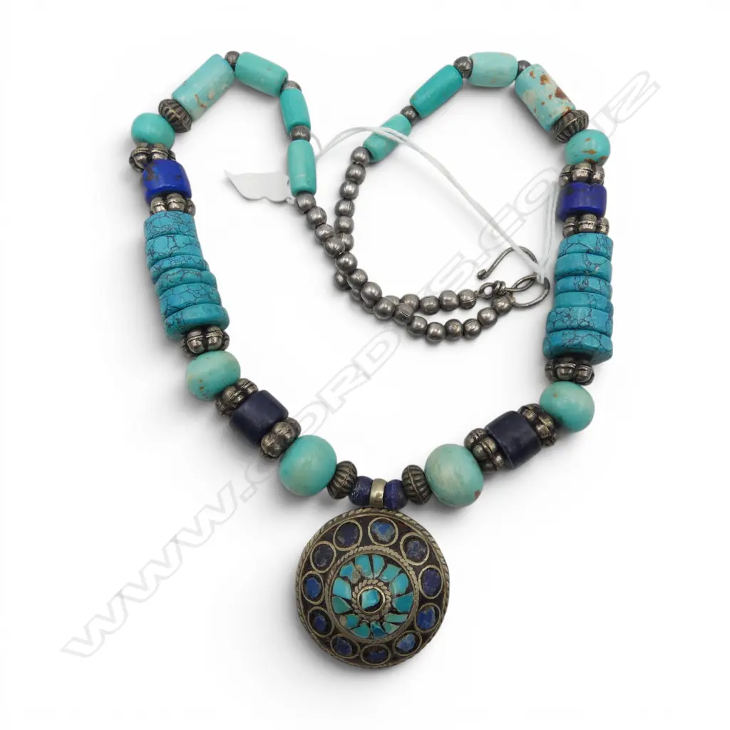TIEBETAN ETHNIC TOUQUISE & LAPIZ BEAD NECKLACE L300MM Image 1++