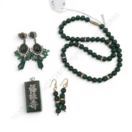 4 PCES JADE JEWELLERY; 2 PRS EARRINGS, NECKLACE, PENDANT