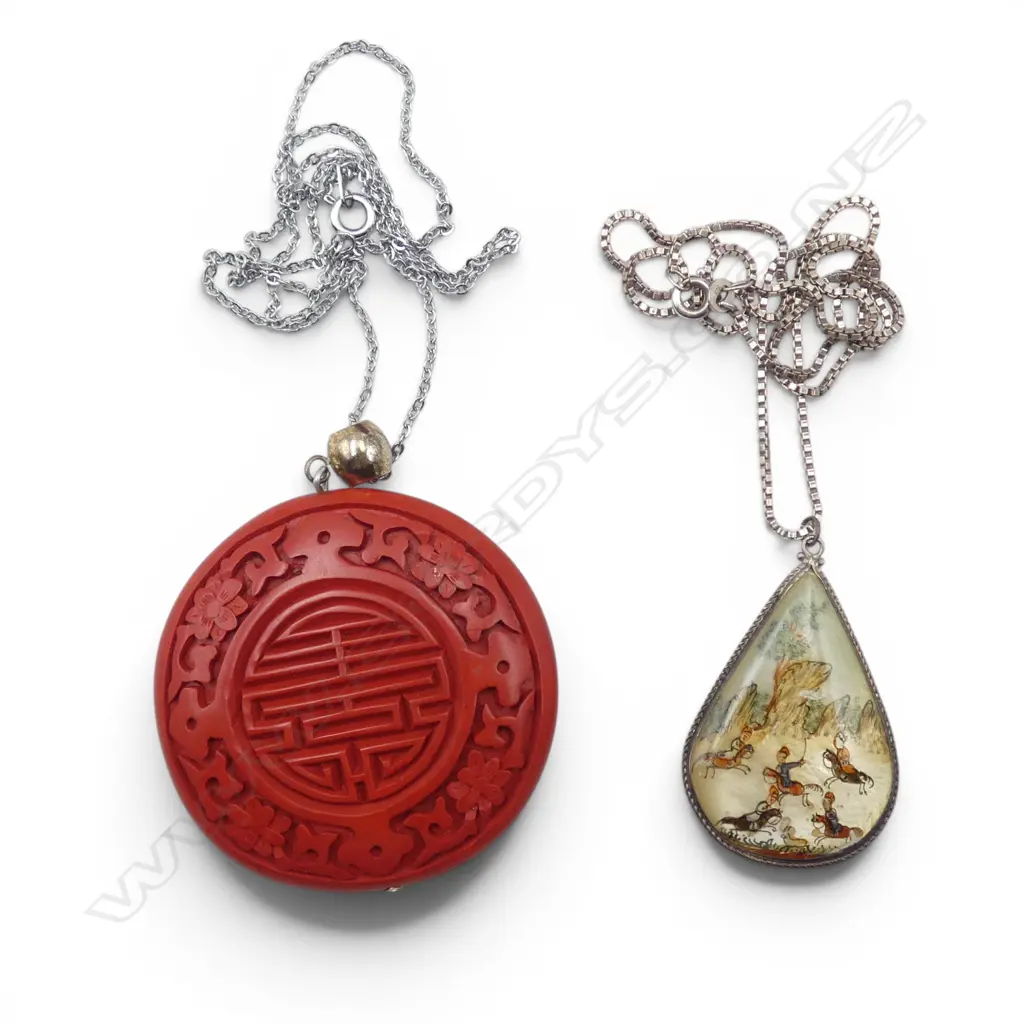 TWO PENDANTS: CINNEBAR ON S/SILVER CHAIN & S/SILVER HAND-PAINTED MOP Image 1++