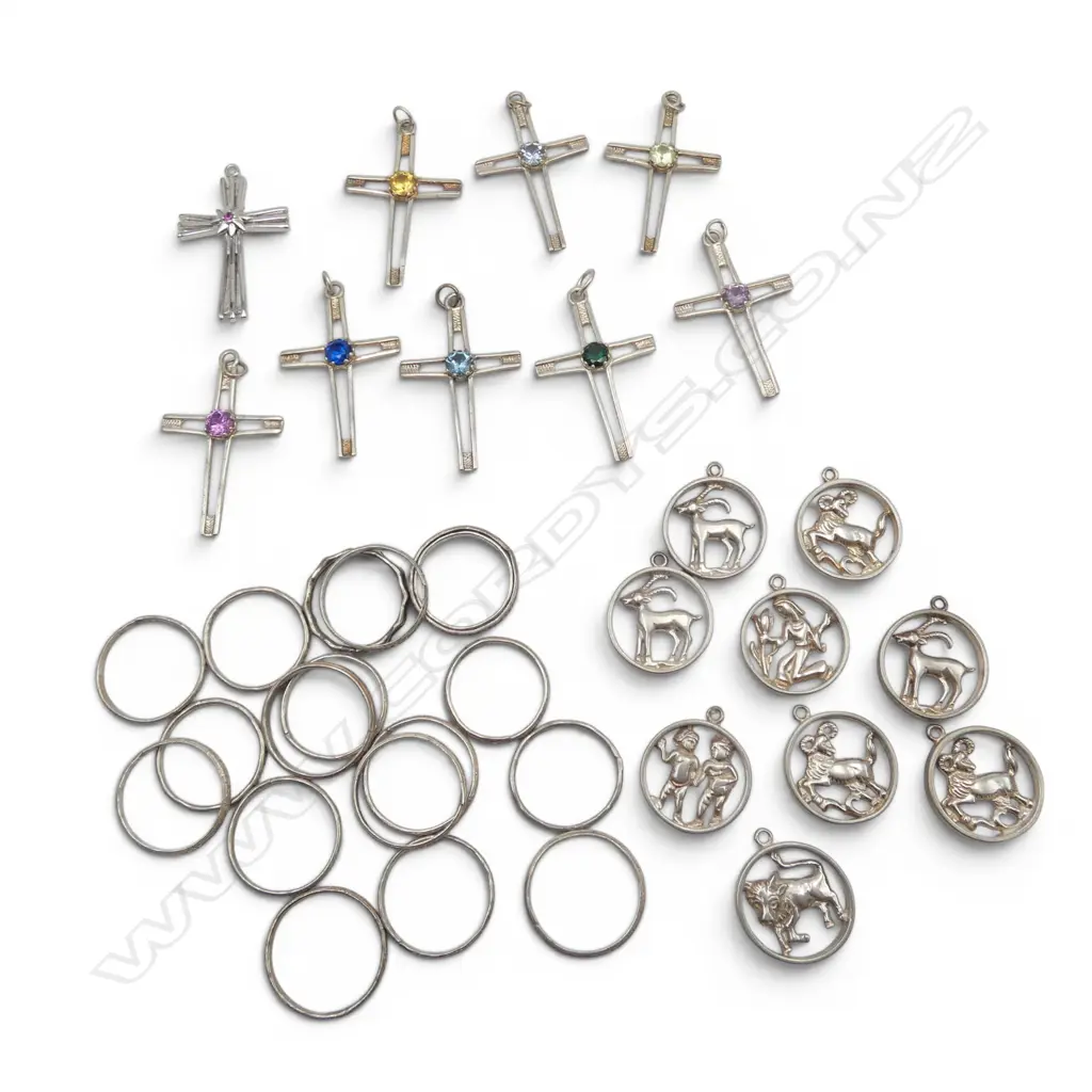 BAG SILVER CROSS GEM SET PENDANTS + ZODIAC PENDANTS + RINGS. 55gms Image 1++