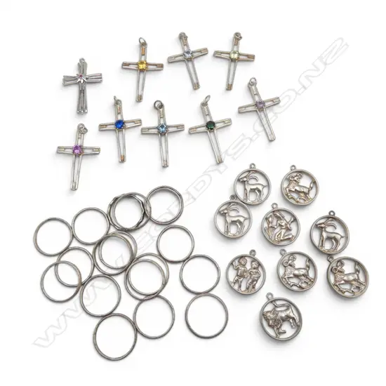 BAG SILVER CROSS GEM SET PENDANTS + ZODIAC PENDANTS + RINGS. 55gms