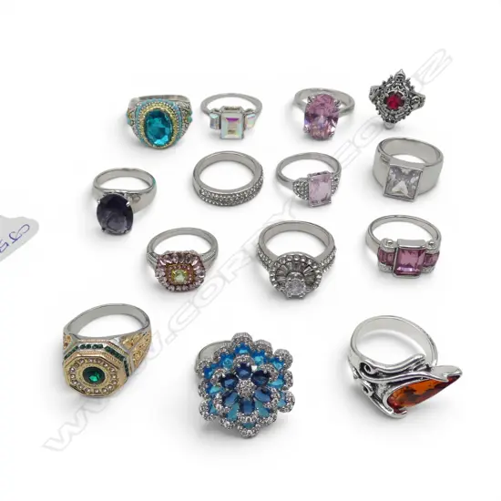 14 SILVER TONE COSTUME RINGS