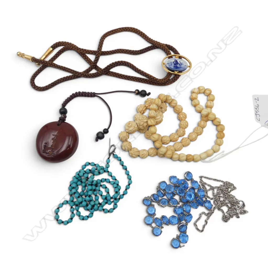 ASST. JEWELLERY INCLDS; CARVED IVORY NECKLACE, SILVER & BLUE GLASS NECKLACE chain needs repair Image 1++