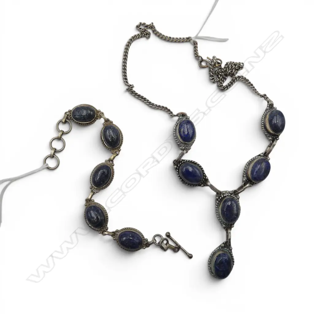 ETHNIC SILVER COLOURED METAL & LAPIS NECKLACE & BRACELET SET Image 1++