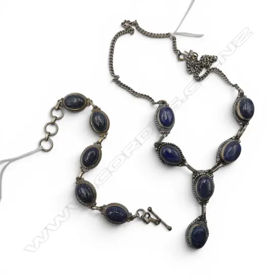 ETHNIC SILVER COLOURED METAL & LAPIS NECKLACE & BRACELET SET