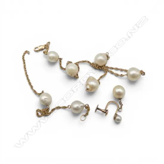9ct GOLD & 7 semi baroque PEARL NECKLACE needs rejoining + 10ct GOLD matching SINGLE EARRING. 10gms total