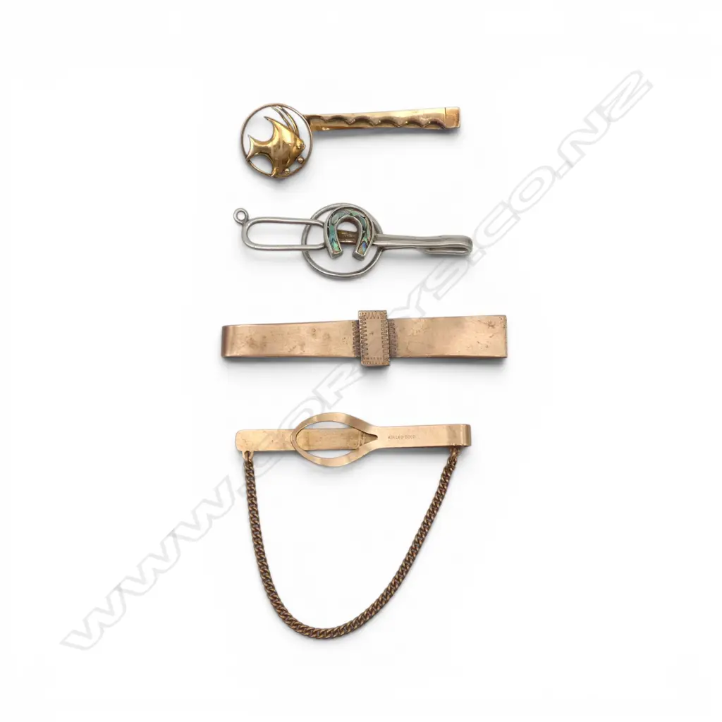 **RTV** 9ct GOLD TIE CLIP w FISH MOTIF, 4gm, 1 SILVER TIE CLIP & 2 OTHERS Image 1++