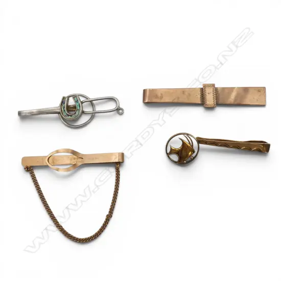 9ct GOLD TIE CLIP w FISH MOTIF, 4gm, 1 SILVER TIE CLIP & 2 OTHERS