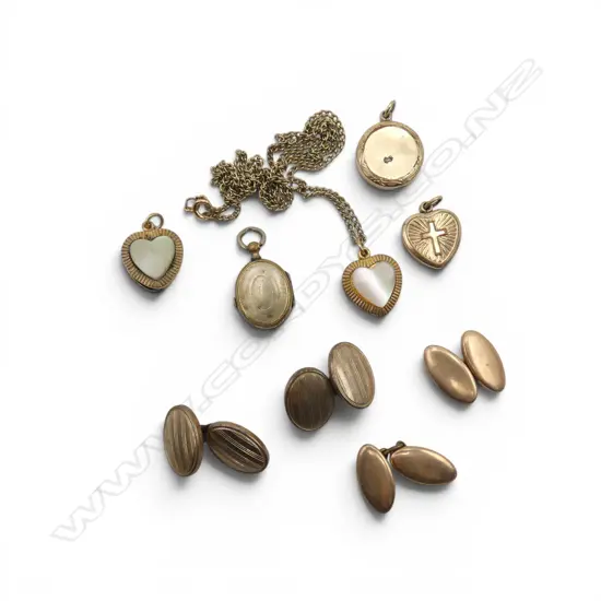 5 GOLD PLATED PENDANTS, 2 w MOP HEART & 2 PRS PLATED CUFFLINKS
