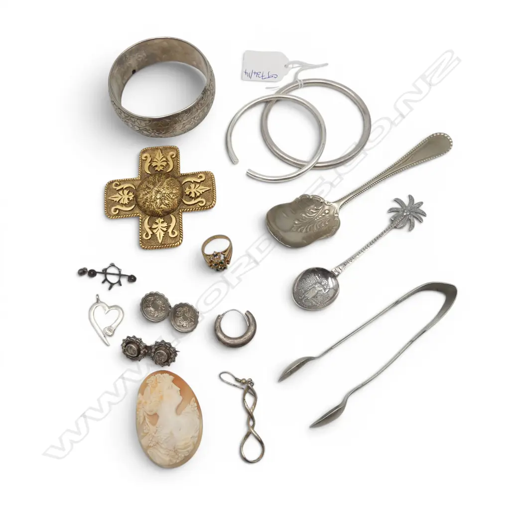 ASST. COSTUME JEWELLERY, CAMEO, SILVER PLATE BANGLES & CUTLERY ETC Image 1++