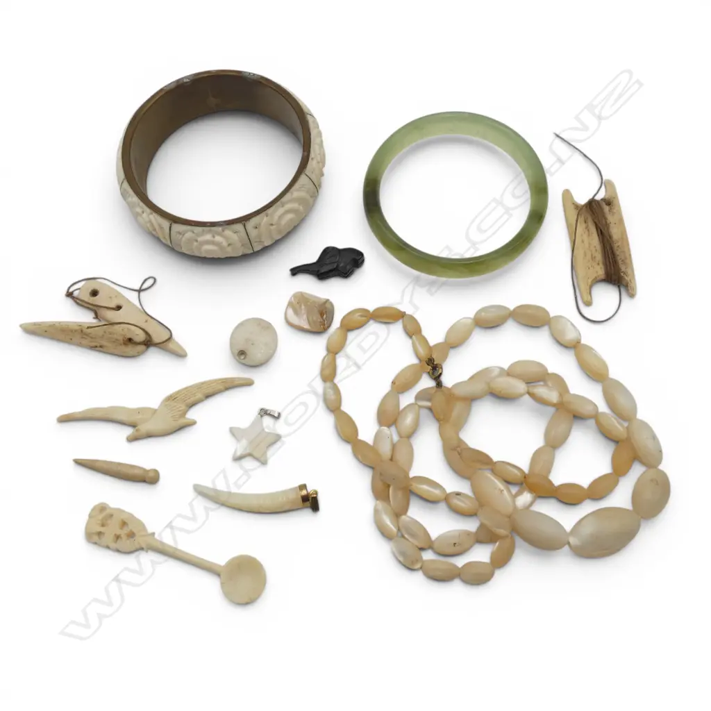 ASST. CARVED BONE PCES etc; BANGLES, NECKLACE, BIRD, etc Image 1++
