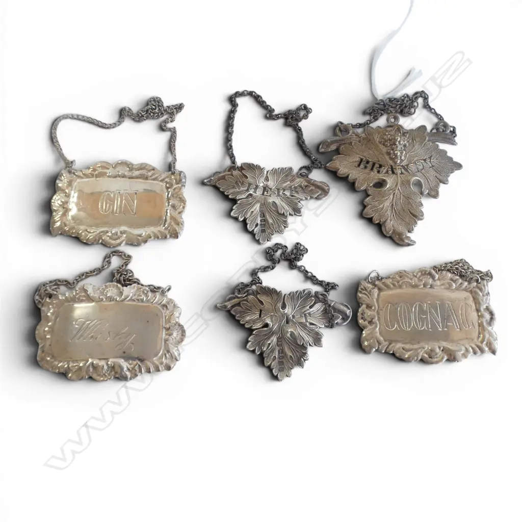 6 DECANTER LABELS (5 STG SILVER 53gms) 1 PR GEORGE UNITE B'HAM 1839 Image 1++