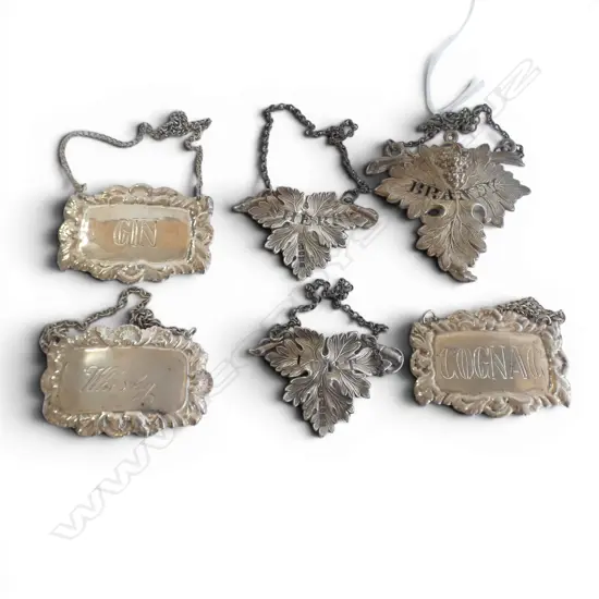 6 DECANTER LABELS (5 STG SILVER 53gms) 1 PR GEORGE UNITE B'HAM 1839