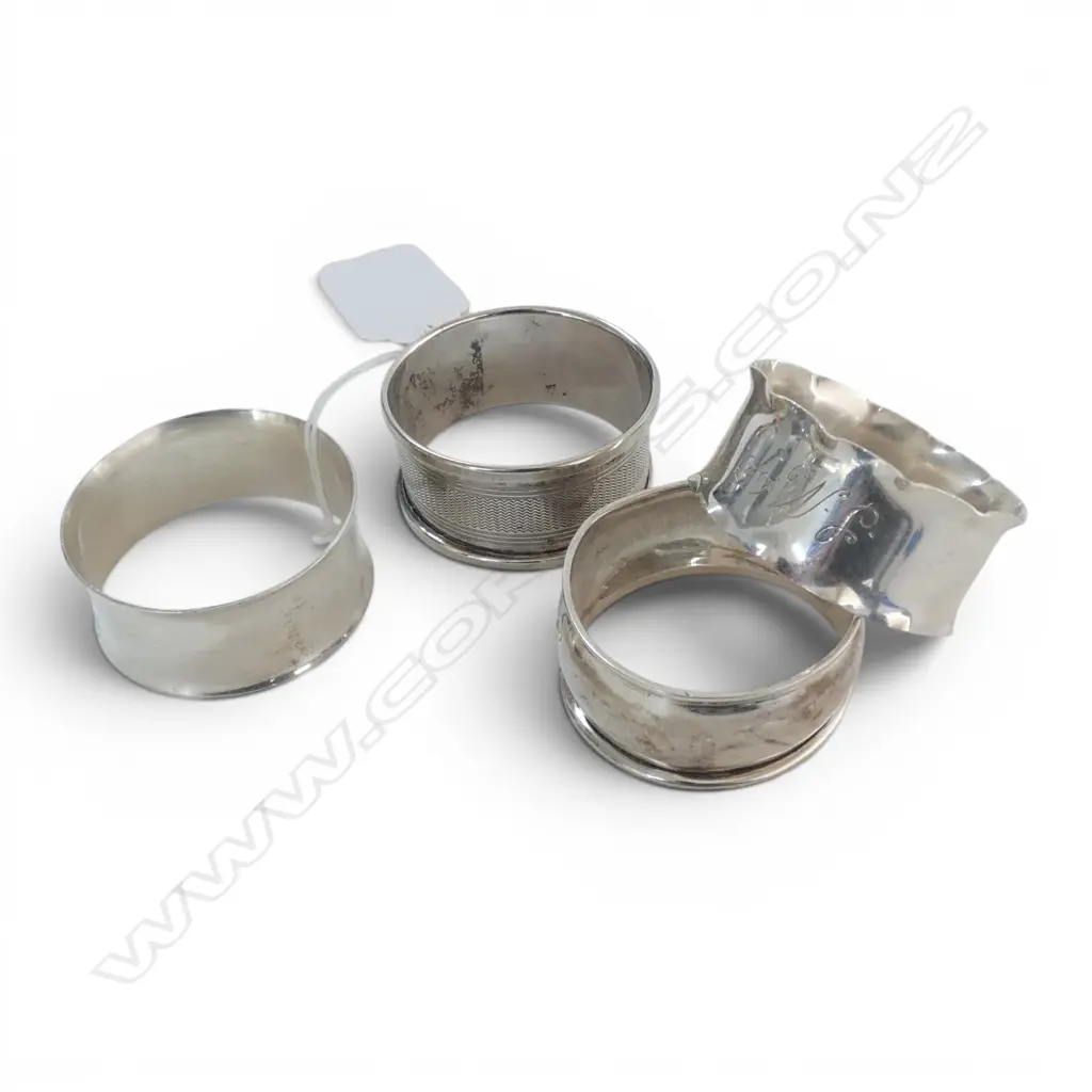 4 STG SILVER NAPKIN RINGS two with early 20thC english hallmarks 53gms TW Image 1++