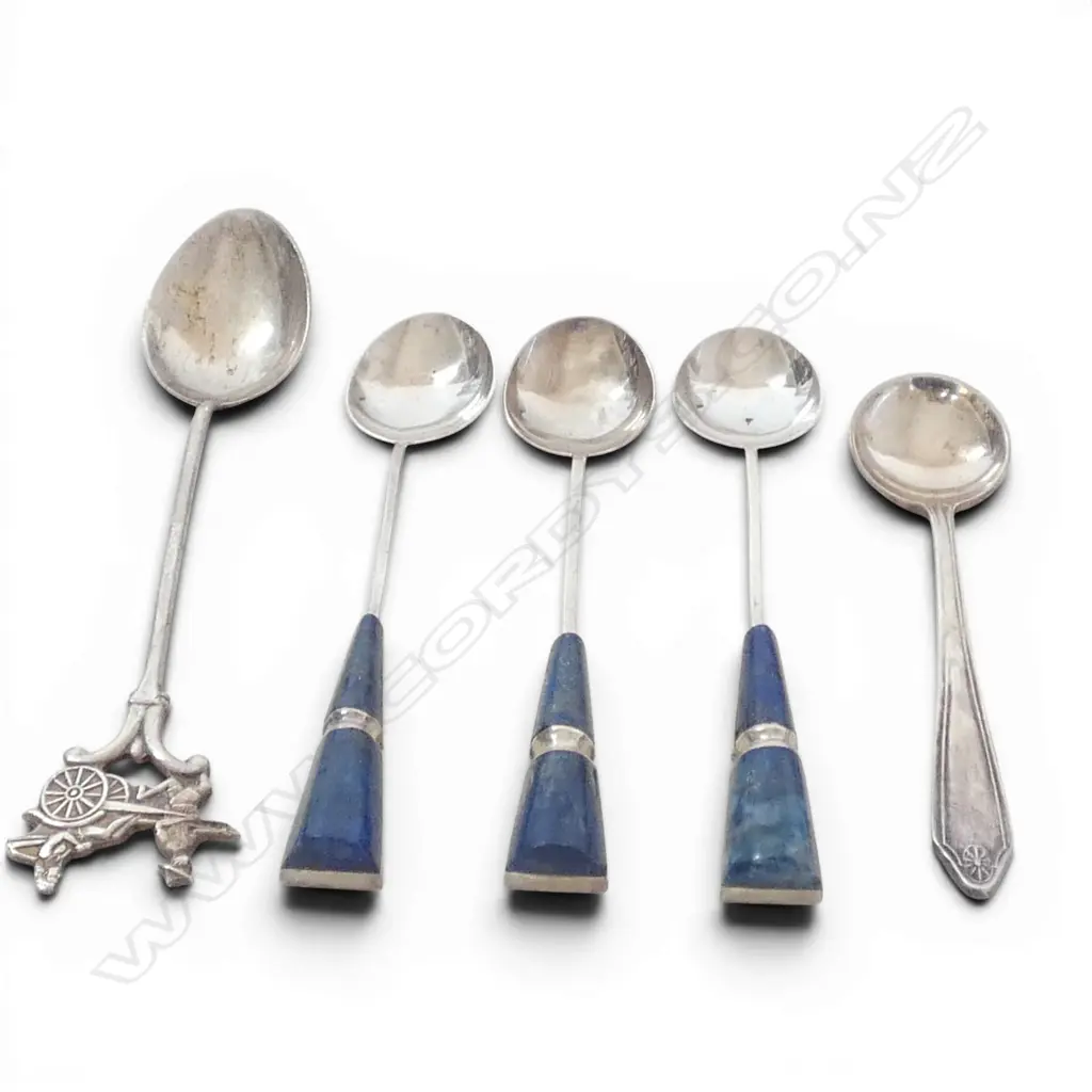 5 SILVER TEASPOONS & SALT SPOON, 3 LAPIS TOPPED stamped 930, 43gm Image 1++
