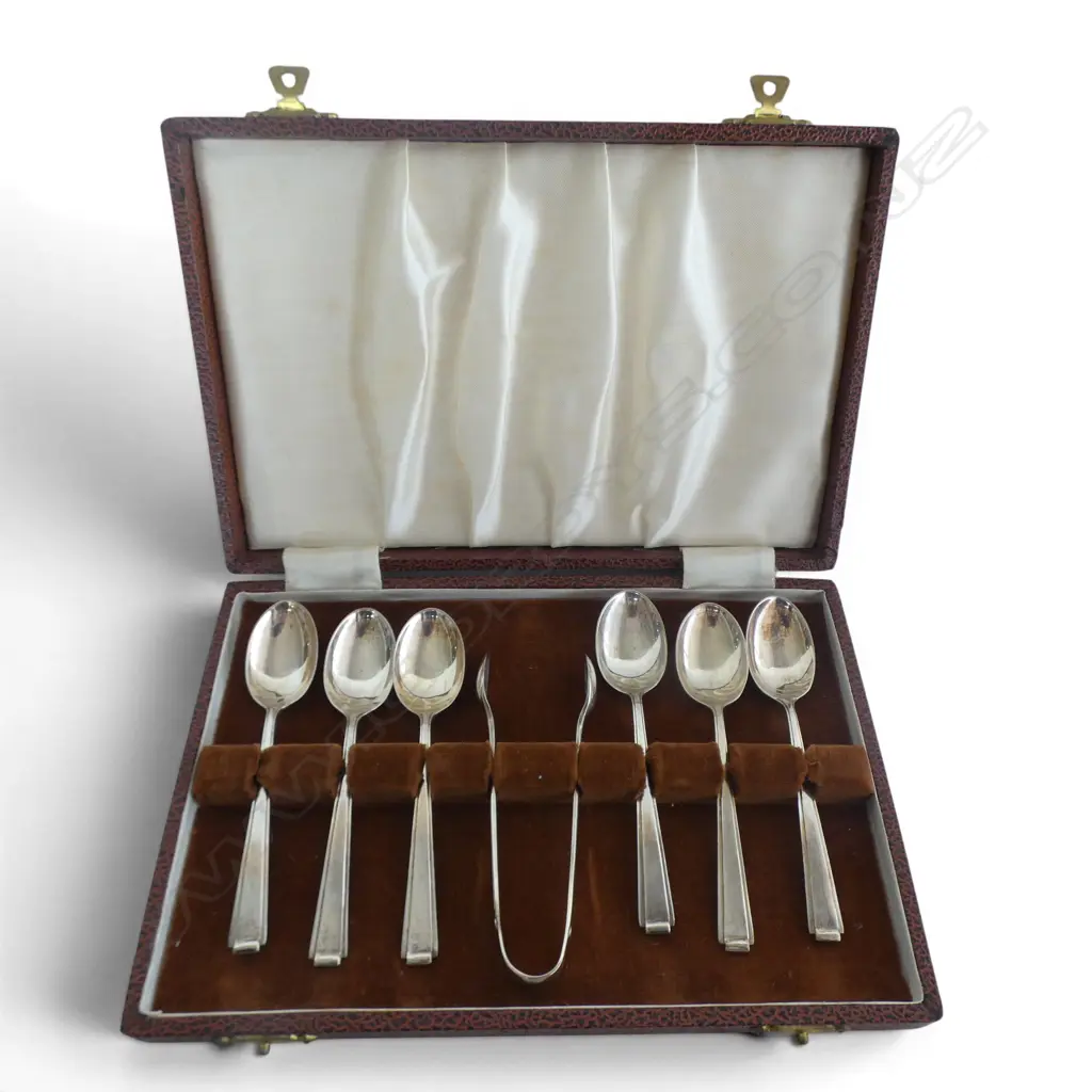 CASED SET STG SILVER COFFEE SPOONS & SUGAR TONGS, 94gm Image 1++