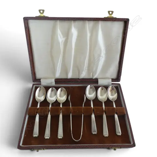 CASED SET STG SILVER COFFEE SPOONS & SUGAR TONGS, 94gm