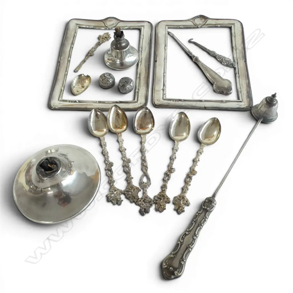 SCRAP STG SILVER; 2 PHOTO FRAMES 34gms, CANDLESTICK, 2 LIDS, 6 750 SILVER SPOONS 72gms Image 1++