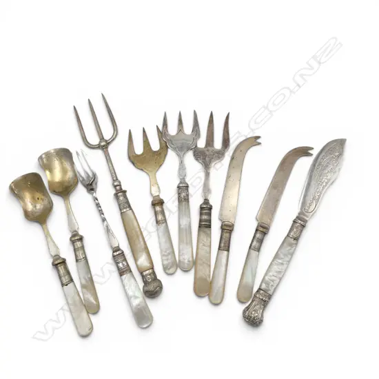 10PC COLLECTION OF MOP HANDLED  CONDIMENT CUTLERY CHEESE KNIVES PICKLE FORKS JAM SPOONS ETC