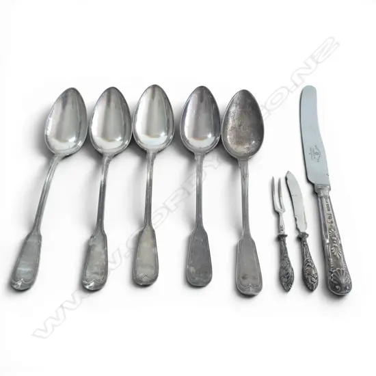 5 SILVER PLATE DESSERT SPOONS 350gms + 3 PCES CUTLERY w. STG SILVER HANDLES