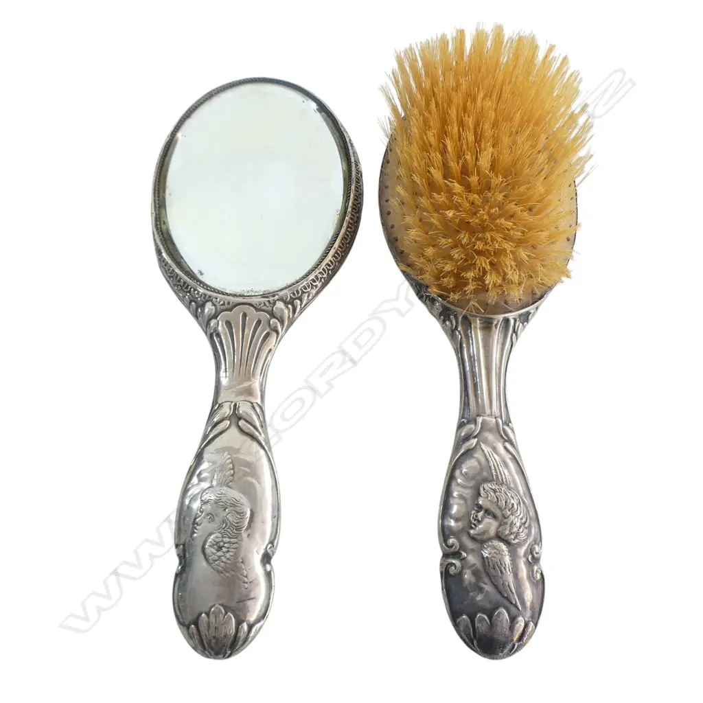 S/SILVER ANGEL PAT HAIR BRUSH & DRESSINGTABLE MIRROR SOME DENTS  Image 1++