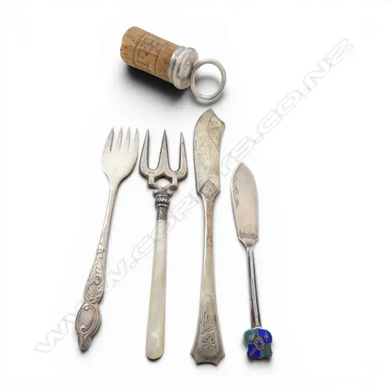 5 PCS SILVER; 2 BUTTER KNIVES, 2 FORKS 1 w MOP HANDLE & CORK STOPPER, 61gm w/out cork