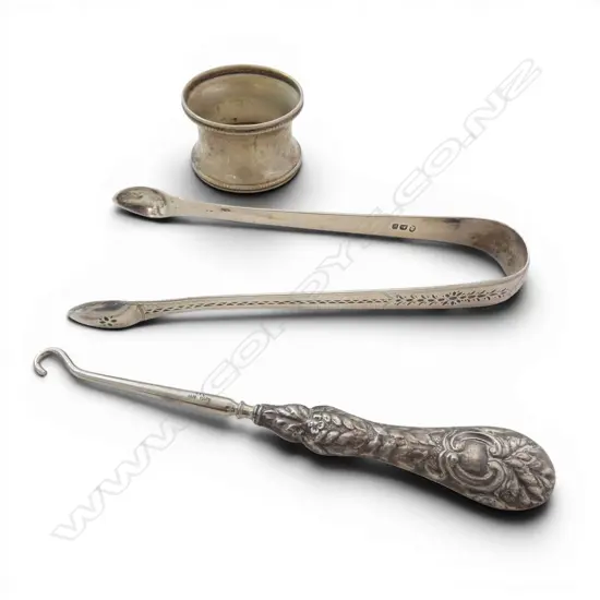 GEORGIAN SUGAR TONGS, SILVER NAPKIN RING & BOOT LACER, 61gm