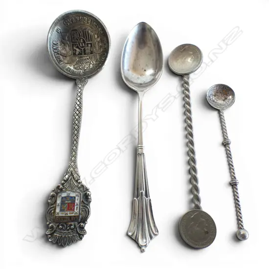 3 COIN SILVER SPOONS & S/SILVER COFFEE SPOON