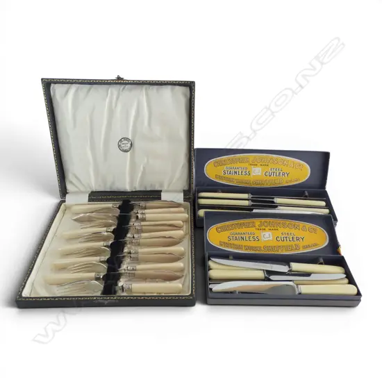 12 PCE FISH SET + 12 IVORINE 'BONE' HANDLED KNIVES (6+6), BOXED