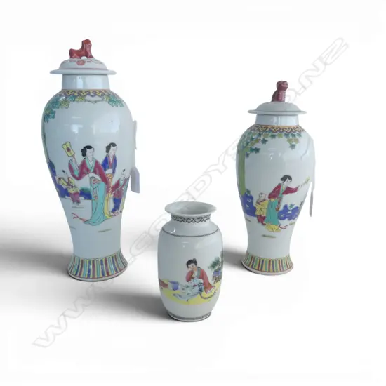 3 CHINESE FAMILLE ROSE VASES; 2 LIDDED BALUSTER VASES, H.250/290mm & SML VASE, H.120mm