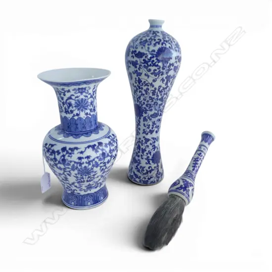 2 CHINESE BLUE & WHITE  CHINA VASES H320 & 240MM  WITH CHINESE B/W CALLIGRAPHY BRUSH L270MM