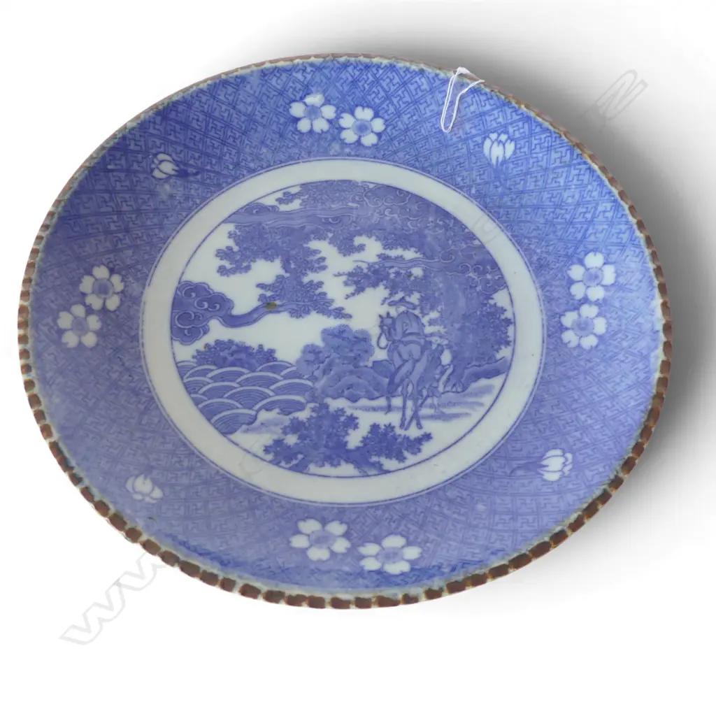 JAPANESE MEIJI PERIOD ARITA blue & white CHARGER with figure on horseback. Dia.320mm Image 1++