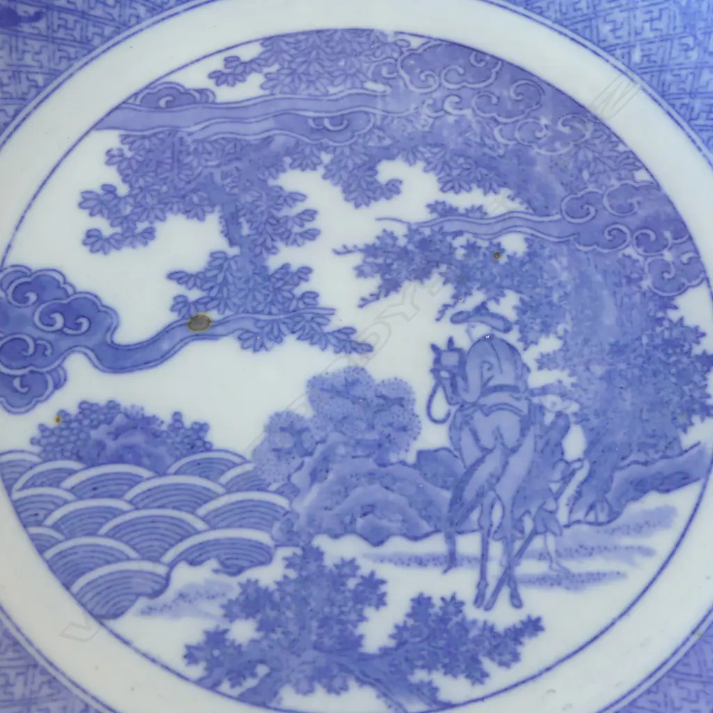 JAPANESE MEIJI PERIOD ARITA blue & white CHARGER with figure on horseback. Dia.320mm Image 1++
