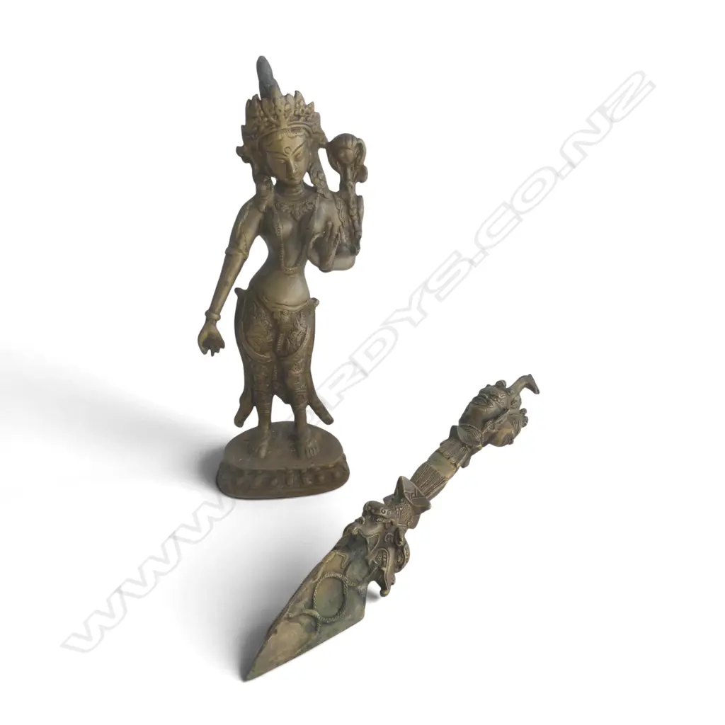 2 ORIENTAL BRASS PIECES; FIGURE & DAGGER L.375mm Image 1++