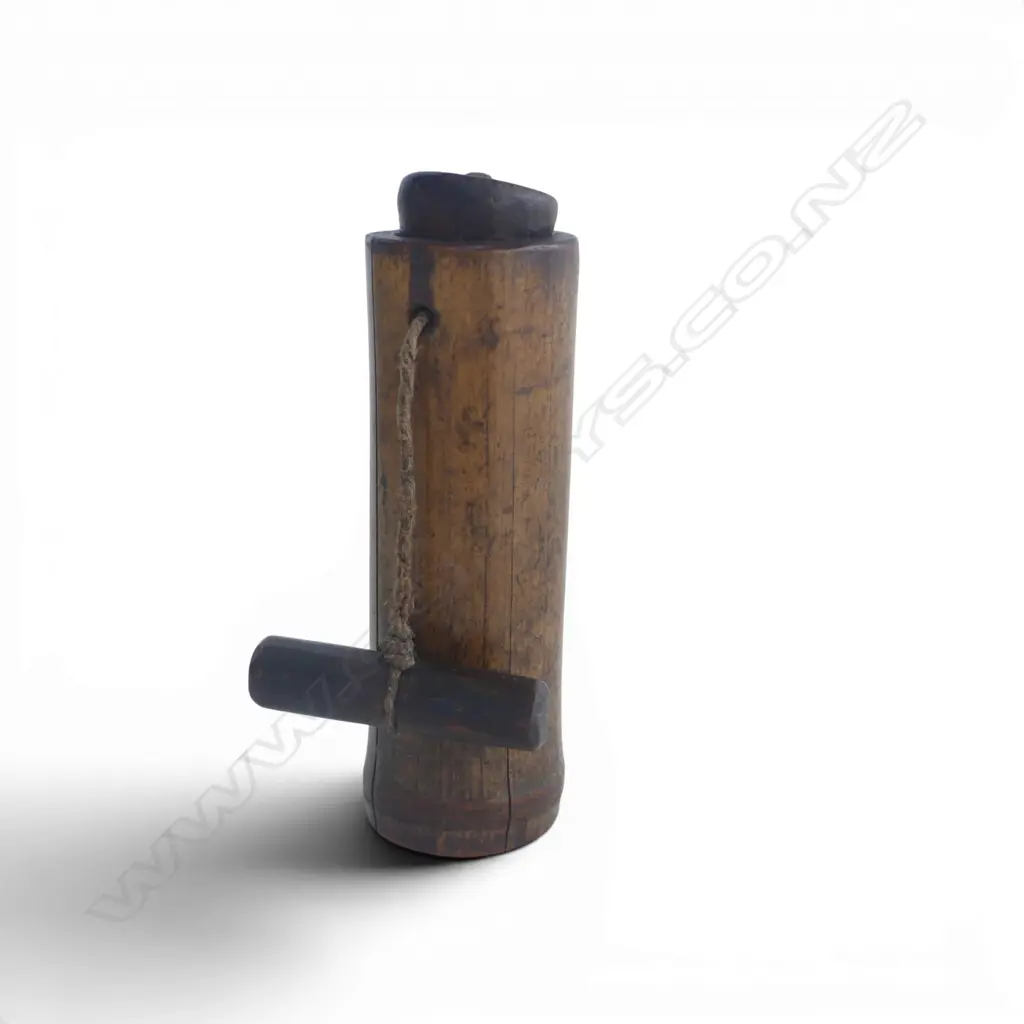 OLD Japanese MINGEI SAGEMONO bamboo container w threaded wooden plug & netsuke toggle. H.126mm Image 1++