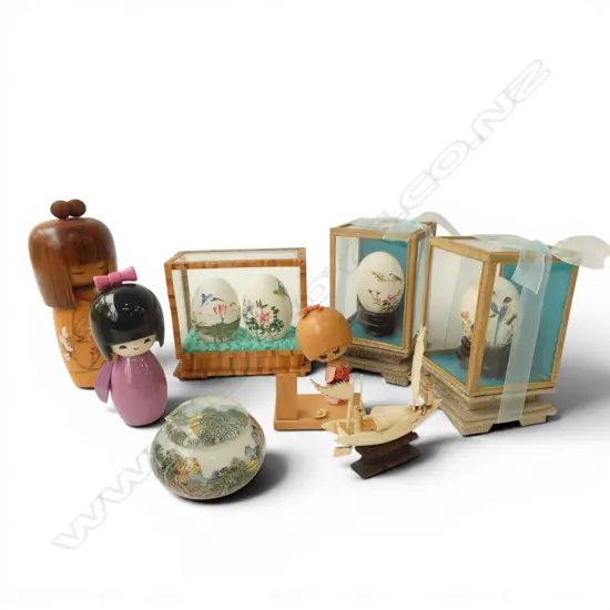 ASST. ORIENTAL ITEMS; DOLLS, EGGS, IVORY? JUNK BOAT ETC
