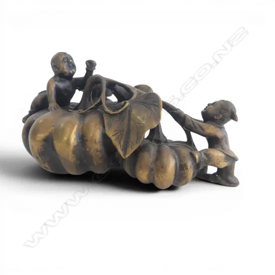 ANTIQUE CHINESE BRONZE 2 CHILDREN ON GIANT PUMPKINS L180MM