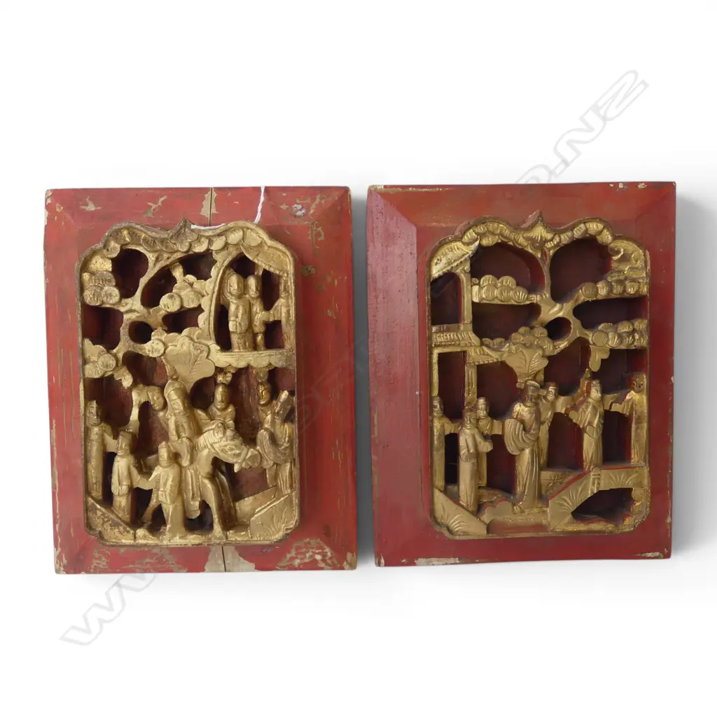 2 CHINESE WOOD CARVED PANELS H260 W200 Image 1++