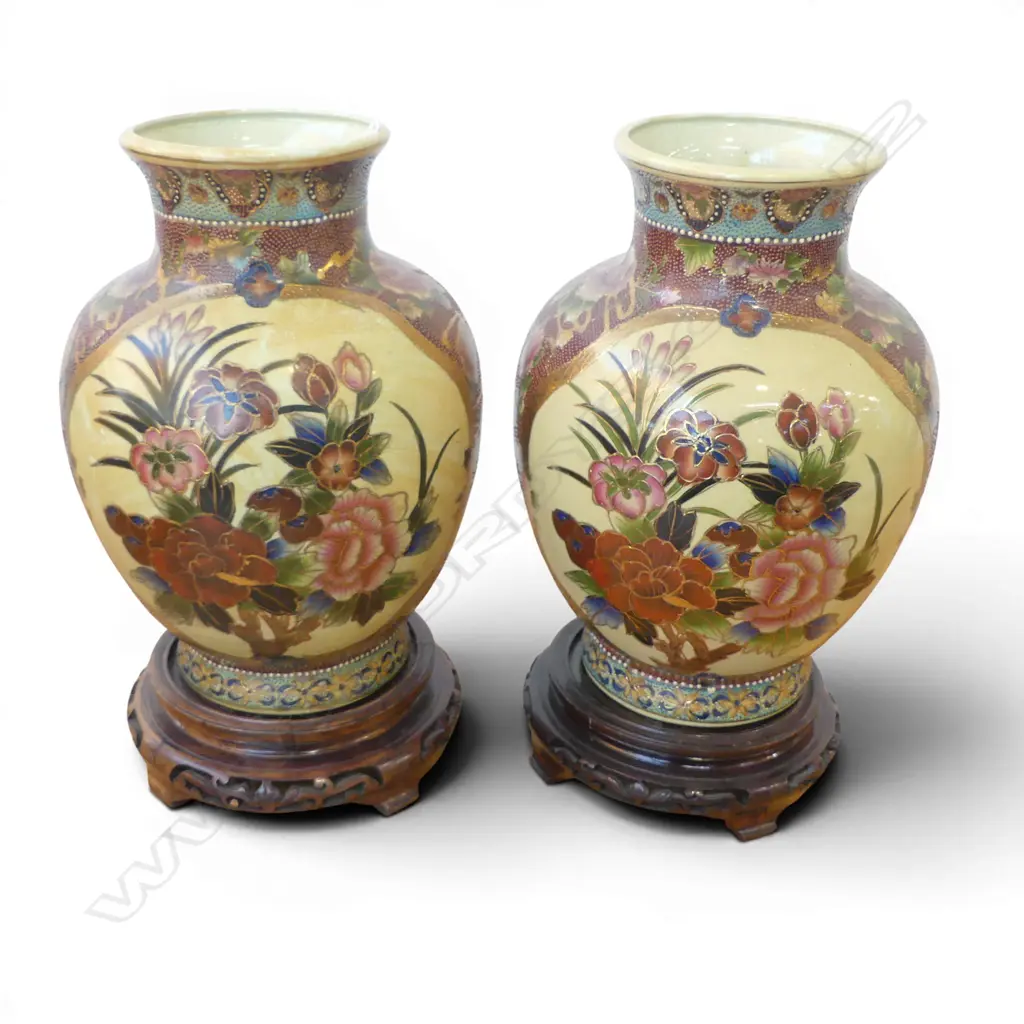 PR OF ORIENTAL CERAMIC FLORAL VASES ON WOOD STANDS H360MM Image 1++