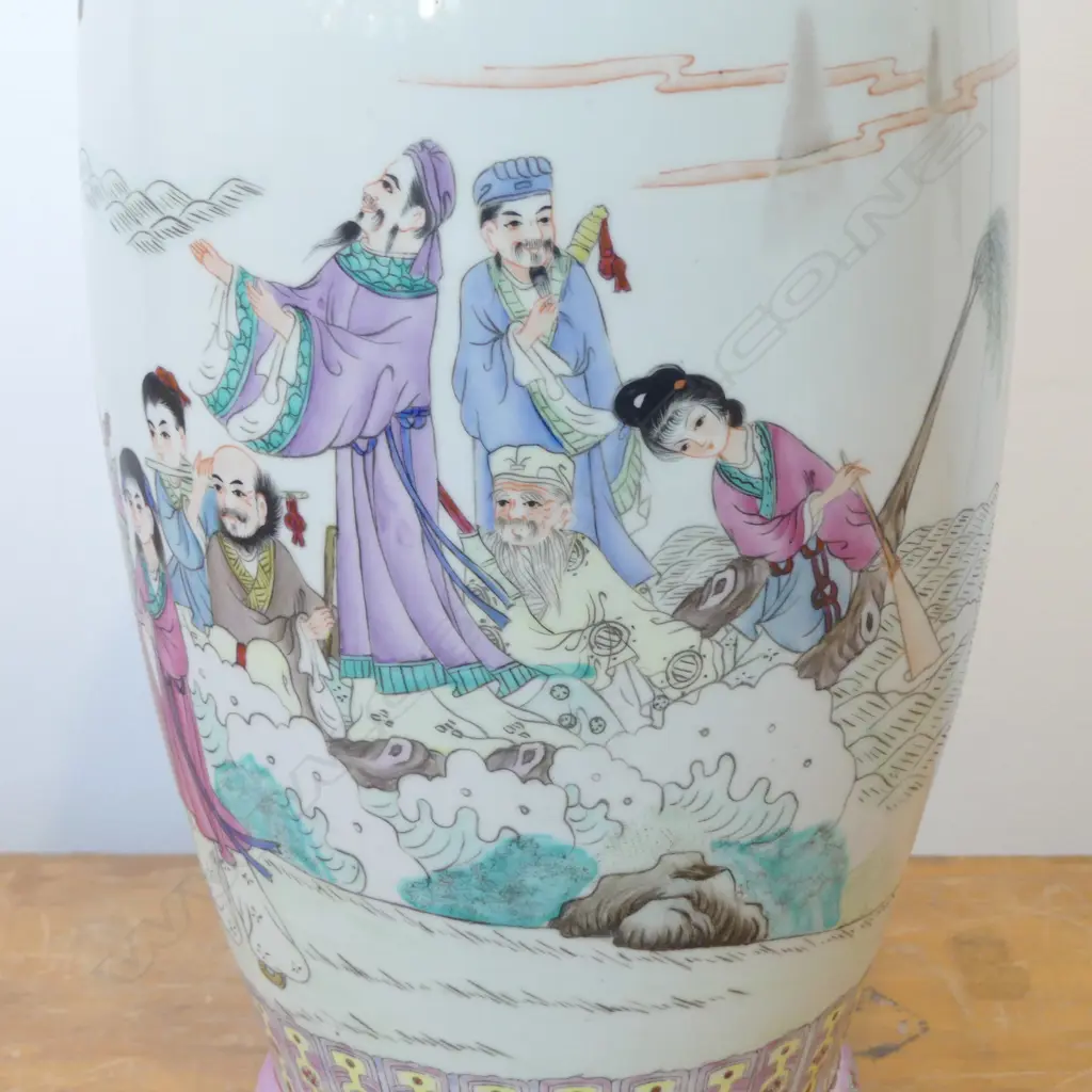 LARGE CHINESE FAMILLE ROSE VASE immortals & other figures on a boat. H.615mm  Image 1++