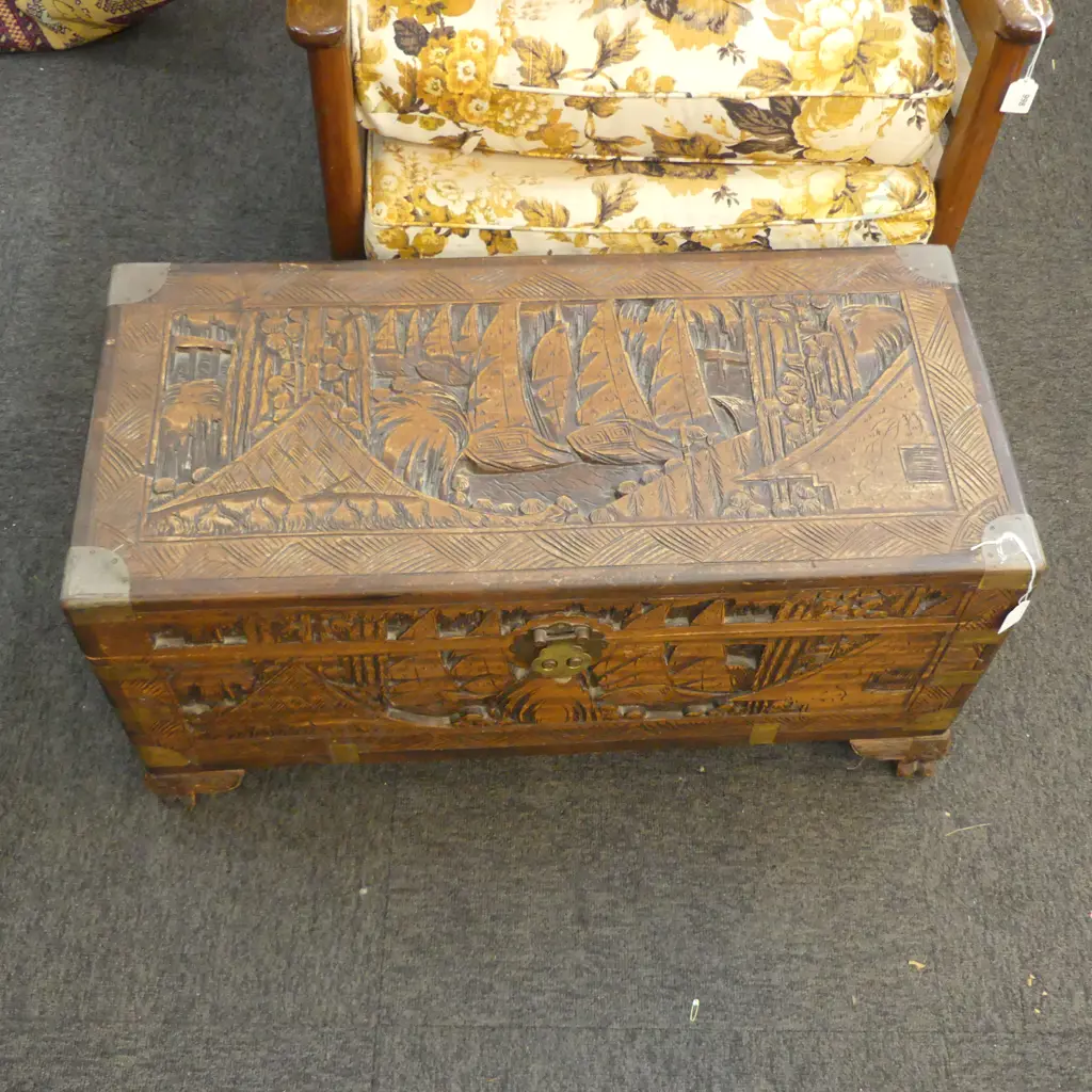 SMALL CARVED CHINESE CAMPHORWOOD CHEST H380 W730MM Image 1++