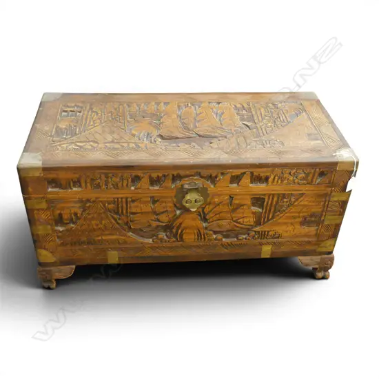 SMALL CARVED CHINESE CAMPHORWOOD CHEST H380 W730MM