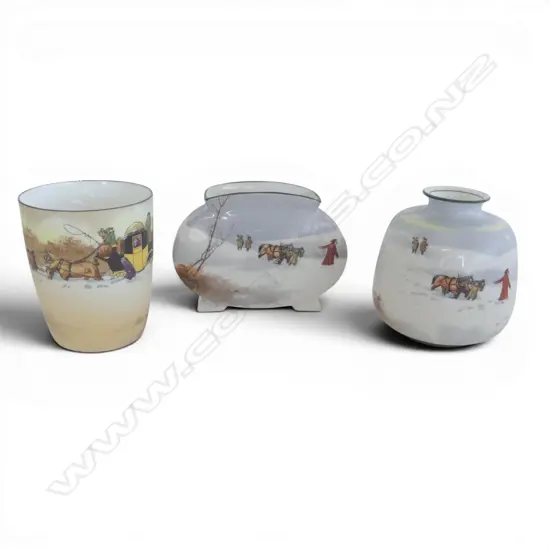 3 PCS ROYAL DOULTON COACHING DAYS; WINTER COLOURS TUMBLER & 2 SNOW SCENE VASES, H.100mm tallest