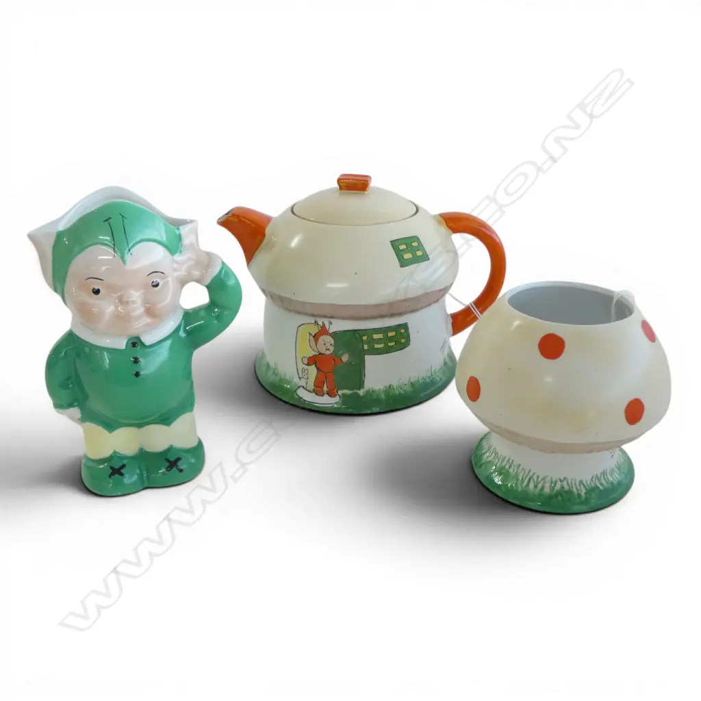 3 PCS SHELLY MABEL LUCIE ATTWELL; TEAPOT, H.130x190mm, ELF, H.150mm, MUSHROOM SUGAR BOWL, H.100mm Image 1++