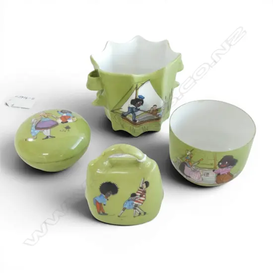 c1904 4PCS FLORENCE UPTON DUTCH PEG DOLLS PORCELAIN; BELL, TRINKET BOX, BOWL & VASE H.85mm W.110mm