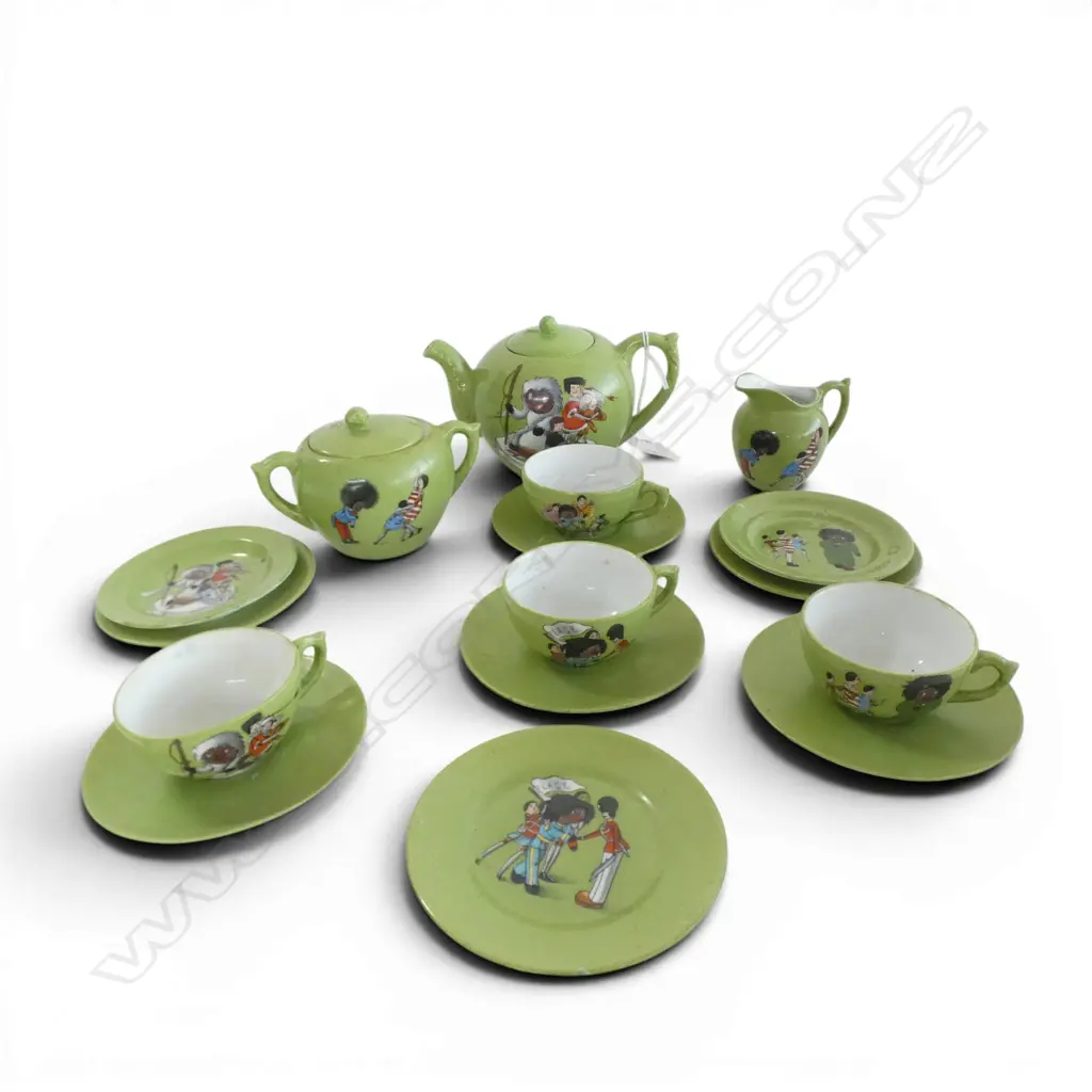 c1904 16PC FLORENCE UPTON DUTCH PEG DOLLS CHILD-SIZE TEA SET Image 1++