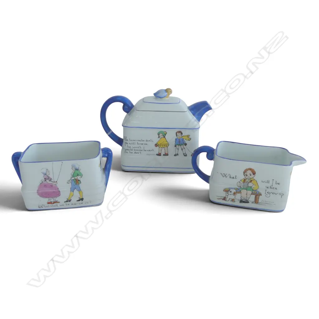 1920s 'The Child's Fortune Telling Tea Set' designed by RJ Robinson for Paragon China, teapot, milk & sugar Image 1++