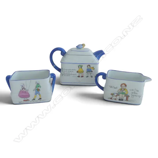 1920s 'The Child's Fortune Telling Tea Set' designed by RJ Robinson for Paragon China, teapot, milk & sugar